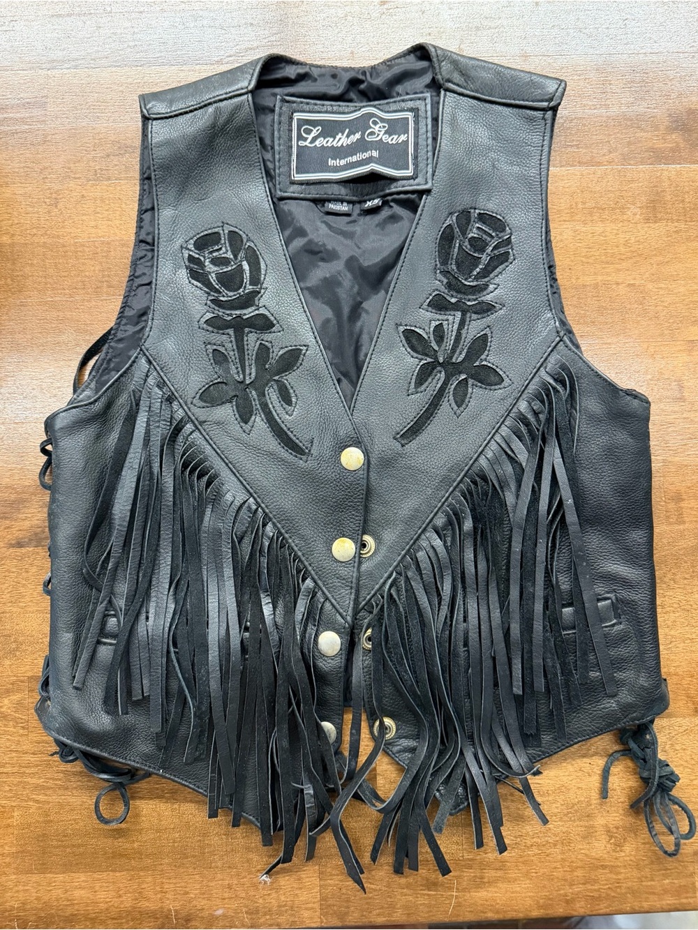 Leather Gear International Black Leather Fringe Rose Vest Women’s XS